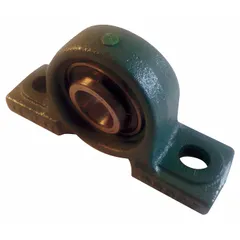 Cast iron pillow block ball bearing with set screw locking for medium duty shaft support. Features a 2 1/2 in bore, 2 63/64 in shaft height, and 3/4 in mounting bolt size. Rated for operating temperatures up to 250°F. Suitable for use in conveyors, fans, and pumps.