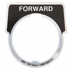 Half-round legend plate for 30 mm panel mounting, measuring 1 3/4 in overall height by 1 5/8 in overall width. Constructed of aluminum with a black metallic finish and silver notch, displaying the English legend 'Forward'. Used to label push-button stations in industrial control panels for directional control.