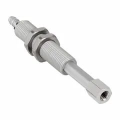 Vacuum buffer with rotation lock for automated handling systems. Features M5 female connection and 4 mm ID/6 mm OD push-on hose port. Stroke length 20 mm. Cushions and stabilizes vacuum loads, accommodating part height variations.