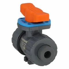 This manual two-way ball valve features a 1/4 in PVC straight body with a maximum pressure rating of 250 psi CWP. It is equipped with a locking tee handle for secure positioning. Suitable for on/off flow control in industrial piping systems handling water, chemicals, or corrosive fluids.
