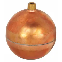 Copper float ball with external 1/4"-20 machine thread for attachment to float rods or switch mechanisms. Used in liquid-level control applications such as sump pumps, tanks, and industrial process systems. Copper construction resists corrosion in water and other fluids.