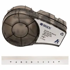 Thermal transfer continuous label roll cartridge for M210-LAB printer. White gloss polyester material, halogen-free, rated for indoor/outdoor use. Size: 1/4 in x 21 ft.