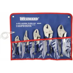 This set includes curved, flat, and long nose locking pliers with max jaw openings of 2 in, 1 1/2 in, 1 3/4 in, 1 1/8 in, and 1 7/8 in. Used for gripping, clamping, and turning workpieces in maintenance, fabrication, and repair tasks. Comes with a storage pouch.