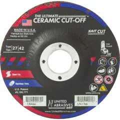 Ceramic cut-off wheel for carbon and stainless steel. 5" diameter, 0.045" thickness, 7/8" arbor, 60 grit. Part of The Ultimate Ceramic series. Used for cutting and slotting in metal fabrication and maintenance.