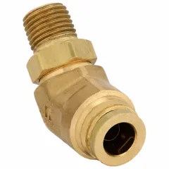 This brass adapter connects 3/8 in OD tubing to a 1/8 in male NPT port. The push-to-connect design enables tool-free installation for a leak-free joint. Suitable for pneumatic systems and air brake applications.