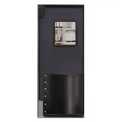 Gray polyethylene insulated swinging door with one door leaf, 7 ft height and 2 1/2 ft width. Includes a polycarbonate window, door seals, bumpers, and mounting hardware. Meets NSF standards. Suitable for temperature-controlled environments such as cold storage and food processing areas.