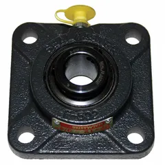 This flange-mount ball bearing features a 1 3/16 in cylindrical bore and a cast iron housing with set screw locking. It has a 4 1/4 in length, uses NLGI #2 Equivalent lubricant, and accepts a 7/16 in mounting bolt. Suitable for supporting rotating shafts in conveyors, fans, and material handling equipment.