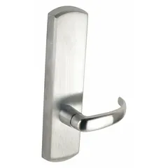 This silver lever trim is designed for use with exit push bars on commercial doors, providing a lever handle for egress operation. It features a lever outside trim type and lever exit device style. Not ADA compliant.