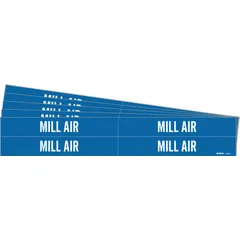 Blue adhesive pipe markers with white 'Mill Air' legend, designed for identifying compressed air or pneumatic piping systems. Each pack contains 5 sets of 4 markers, fitting pipe outer diameters from 3/4 to 2-3/8 inches. Markers are supplied without directional arrows.