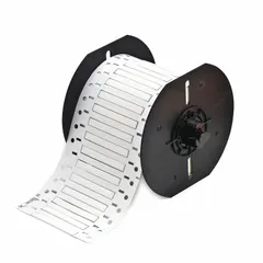 Polyolefin precut sleeve label roll with white matte finish. Each label measures 1/8 in x 2 in and fits 16 AWG to 22 AWG wire gauge. Compatible with BBP33 printer series for on-demand wire identification and marking in industrial environments.