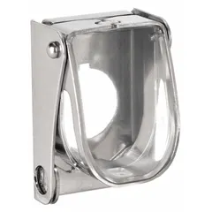 Hinged push-button lockout device for isolating industrial controls during maintenance. Accommodates buttons up to 0.89 in maximum diameter. Silver finish. Measures 1.343 in x 2.3 in x 1.457 in.