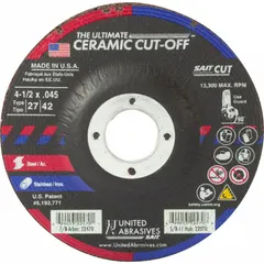 This cool-cutting cut-off wheel from UNITED ABRASIVES-SAIT is designed for cutting carbon and stainless steel. It features a 60-grit ceramic abrasive and a thin 0.045" profile for efficient, burr-free cuts. The 7/8" arbor fits standard angle grinders, making it suitable for metal fabrication, maintenance, and repair tasks.