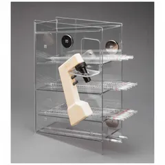 Wall-mounted pipette holder made of clear PETG for visibility of pipette sizes. Overall height 16 in, length 11 1/4 in. Accommodates up to four serological pipettes, providing organized storage in laboratory settings.