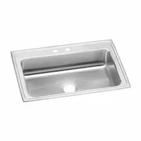 This one-bowl counter-mounted sink is designed for drop-in installation in kitchen and bar countertops. It features a 7 5/8 in deep bowl suitable for washing dishes or food preparation. The sink has an overall width of 21 1/4 in and a length of 33 in, with a silver/gray finish