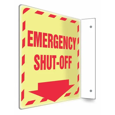 CONDOR Safety Sign: PETG, Mounting Holes Sign Mounting, 8 in x 8 in Nominal Sign Size - L-Shape Projection Emergency Shut-Off Signs