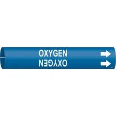 Blue snap-on pipe marker with white legend reading 'Oxygen' and directional arrows. Fits pipe outer diameters from 3/4 to 1-3/8 inches. Used to identify oxygen lines and indicate flow direction in industrial piping systems.