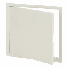 This latching access door is constructed from 16 ga steel with a white finish. It features a concealed hinge and exposed flange, designed for ceiling mounting. Typical applications include providing secure access to mechanical, electrical, or plumbing systems behind drywall or panels in commercial and industrial settings.