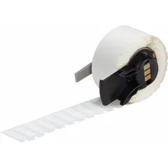 Thermal transfer precut label roll with 750 labels, each measuring 1/4 in x 3/4 in. Features acrylic permanent adhesive and halogen-free material. Compatible with Brady M610 printer series. Used for industrial identification such as cable marking, component labeling, and asset tagging.