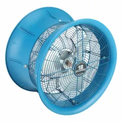 Single-speed, three-phase fan head with 18-inch blade diameter. Powered by a 1/2 hp motor, operates on 208 to 230/460V AC. Designed for spot cooling, ventilation, and air circulation in industrial facilities such as factories, warehouses, and workshops.