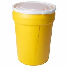 This 30-gallon nestable overpack drum is made of HDPE with an open head and a plastic lever lock ring. It holds an original shipping container and carries UN ratings 1H2/X100/S for both solids and liquids. The drum is unlined with no interior coating. Typical applications include containment and transport of leaking or damaged containers in industrial spill control and waste management.
