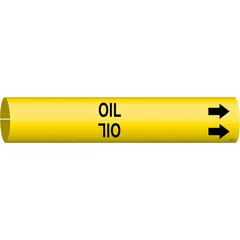 Yellow snap-on pipe marker with black legend 'Oil' and directional arrows. Fits pipe outer diameters from 2-1/2 to 3-7/8 inches. Used for identifying oil piping systems in industrial facilities to indicate pipe contents and flow direction.