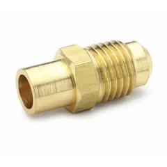 Brass 45-degree flare tube fitting adapter for connecting 3/8 in OD to 5/8 in OD tubing. Flared fitting type conforming to SAE J513. Used in hydraulic and pneumatic fluid systems for leak-tight connections.