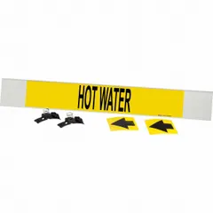 Fiberglass carrier-mounted pipe marker with yellow background and black legend reading 'Hot Water', including directional arrows. Designed for pipe O.D. of 8 inches and larger. Provides clear identification of hot water piping systems in industrial facilities, supporting safety and compliance with pipe-marking standards.