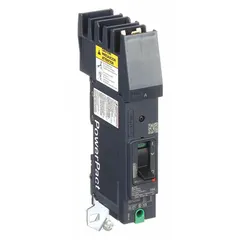 Single-pole molded case circuit breaker rated 15 A at 240V AC with a maximum interrupting rating of 100 kA at 120/240V AC. Features a fixed instantaneous trip and I-Line terminal connection on one end. Suitable for overcurrent protection in branch circuits within electrical distribution panels.