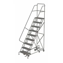Steel manual-lock all-direction ladder with 7.5 ft platform height. Features double handrails, foot-activated step lock, and serrated steps for traction. Gray finish. Supplied unassembled. Suitable for elevated access in warehouses, libraries, and industrial facilities.