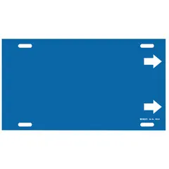 Blue strap-on pipe marker with white legend text and arrows, designed for pipe outer diameters of 10 to 15 inches. Supplied as a single marker for identifying industrial piping systems, supporting maintenance and safety compliance.