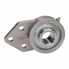This food-grade flange-mount ball bearing has a 1 1/8 in bore and 3 1/4 in length, constructed from stainless steel with set screws. It is pre-lubricated with Mobil FM222 and includes a Cap Ready bearing cap. The mounting bolt size is 5/8 in. Suitable for applications requiring corrosion resistance and washdown capability.