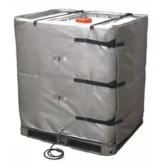 IBC tote blanket heater for outdoor use, rated 230V AC, 2880W, 12A. Fits tote tanks from 40x40 to 48x48 inches. Temperature range 0°F to 160°F. IP2X rated. Used to maintain liquid temperature in IBC totes for material handling and storage.
