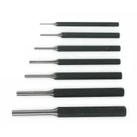 This 7-piece punch set is made of steel and includes flat-tip punches with tip diameters of 1/16, 3/32, 1/8, 5/32, 3/16, 1/4, and 5/16 inches. It is used for removing drive pins in general maintenance, assembly, and repair tasks where SAE-sized pins are encountered