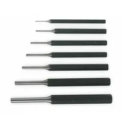 This 7-piece punch set is made of steel and includes flat-tip punches with tip diameters of 1/16, 3/32, 1/8, 5/32, 3/16, 1/4, and 5/16 inches. It is used for removing drive pins in general maintenance, assembly, and repair tasks where SAE-sized pins are encountered.
