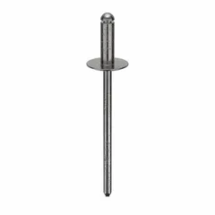 Open-end blind rivet with 0.122-inch diameter and 1 2/3-inch length. Body length 3/8 inch, overall length 1 43/64 inch. Large flange distributes load over a wider area. Supplied in a 500-pack. Suitable for fastening materials where access is limited to one side, such as sheet metal and general assembly applications.