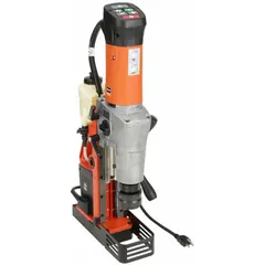 This magnetic drill press operates on 120V AC and features an electric magnet for secure attachment to ferrous surfaces. It provides 10 1/4 in of drill travel and uses a Weldon shank system. Typical applications include drilling in steel and metal fabrication, such as structural steel, beams, and plates.