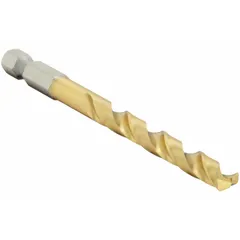 This 13/64 in (0.2031 in) impact-rated drill bit features a TiN-coated HSS construction and a 135° split point for reduced walking and faster penetration. The hex shank prevents slipping in impact driver chucks, ensuring secure torque transfer. Suitable for drilling in metal, wood, and plastic during general construction and maintenance tasks.