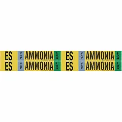 Ammonia adhesive pipe marker for identifying vapor phase low-pressure piping in industrial ammonia systems. Set includes 4 markers without arrows, fitting pipe outer diameters from 3/4 to 2-3/8 inches. Marked with IIAR system abbreviation ES (Evaporator Side).