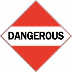 This BRADY placard measures 10 3/4 inches by 10 3/4 inches and displays a 'Dangerous' message. It is used to mark containers holding dangerous goods for compliance with hazardous material transport regulations. The placard is suitable for shipping and handling applications requiring hazard identification.