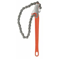 Double-end chain wrench constructed from steel with a natural finish. Designed for gripping and turning cylindrical objects such as pipes and fittings. Features a 24-inch handle length and a 20 1/4-inch chain length, suitable for workpieces with a 5-inch outside diameter.