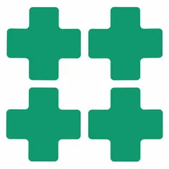 Cross-shaped floor marking tape with solid green color and no legend. Each piece measures 2 in x 5 in with an 8 mil thick polyester backing. Supplied in a 20-pack. Used to mark specific locations, safety zones, equipment placement, or walkway indicators on industrial floors.