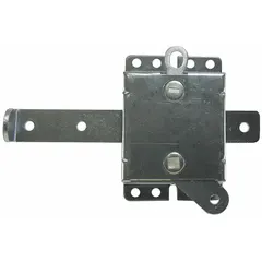 Bolting-type slide lock for sliding garage doors. Overall depth 1 in, base length 4 5/8 in, base width 3 1/4 in. Provides manual locking for residential and light commercial garage applications.