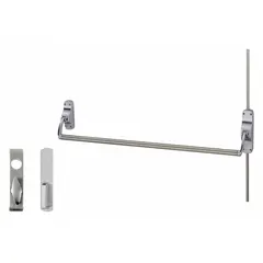 Surface vertical rod exit device with lever and crossbar, finished in chrome. Designed for doors up to 44 inches wide, providing push-bar egress for commercial applications.