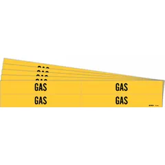Yellow adhesive pipe marker with black legend text reading 'Gas'. Designed for pipes with an outside diameter of 3/4 to 2-3/8 inches. Pack includes 4 markers without arrows. Used to identify pipe contents for safety and compliance in industrial piping systems.