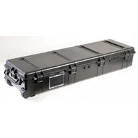 This PELICAN standard long case is constructed from plastic and features a padlock closure for secure storage. It includes four wheels for mobility and is supplied without foam, allowing custom padding for sensitive equipment. Typical applications include transporting cameras, tools, or instruments in industrial, field-service, and logistics settings