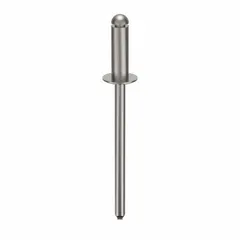 Domed-head blind rivet with 0.124" diameter and 1 8/17" length. Body length 3/8", overall length 1 15/32". Supplied in a 500-pack. Used for fastening sheet metal, panels, and assemblies where only one-sided access is available.