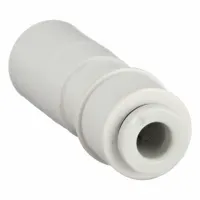 Brass push-to-connect adapter fitting for connecting 4 mm OD tubing to 10 mm OD tubing. Used in pneumatic systems for industrial automation, packaging, and material handling applications requiring leak-free connections