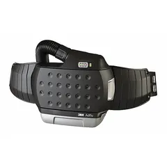This belt-mount powered air-purifying respirator (PAPR) assembly from the 3M Adflo series is powered by a lithium-ion battery and includes a spark arrestor. It is designed for use in welding and other industrial environments where respiratory protection against airborne particles, fumes, and gases is required.