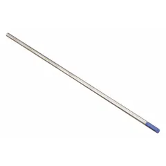 2% Lanthanated tungsten electrode, AWS classification EWLa-2, with blue color code. Measures 1/8 in diameter by 7 in overall length. Rated for AC/DC welding current. Suitable for TIG welding of non-ferrous metals such as aluminum, magnesium, and stainless steel.