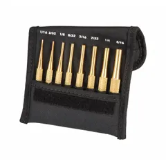This 8-piece punch set is made of brass, providing non-sparking properties for use in environments where ignition risk exists. Each punch has a 4-inch overall length and a flat tip for removing drive pins and roll pins. The set is SAE-sized and suitable for general pin removal tasks.